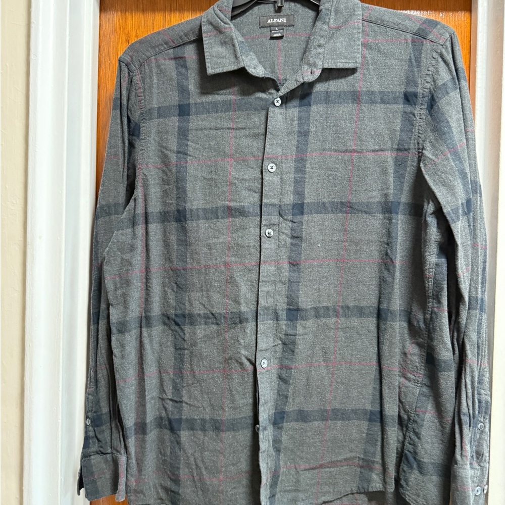 Alfani Men's Casual Gray and Red Plaid Shirt